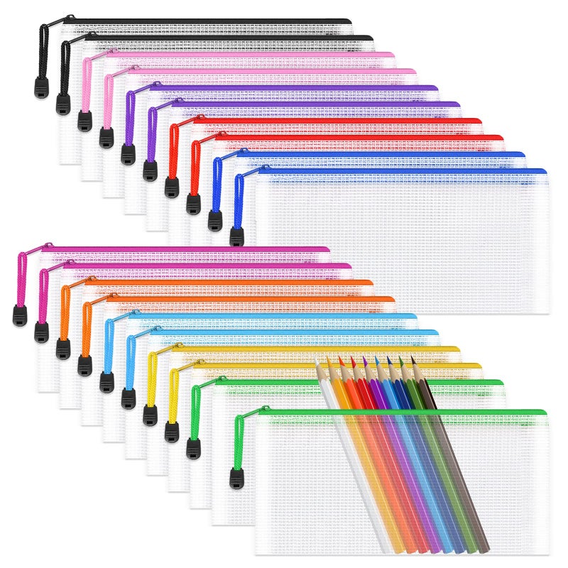 Umriox حقيبة أقلام رصاص شفافة من أومريوكس، 9.2 × 4.7 بوصة (10 ألوان، 20 حزمة)، أكياس أقلام رصاص مقاس A6 مع سحاب كبير، حقيبة شبكية بسحاب لتخزين مستحضرات التجميل أثناء السفر - Image 1